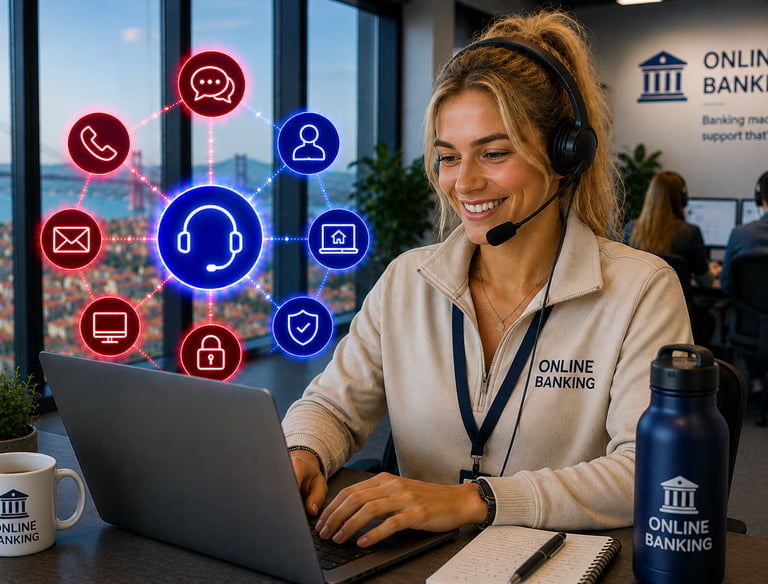 Smiling online banking customer support agent with headset working on a laptop with digital service icons.