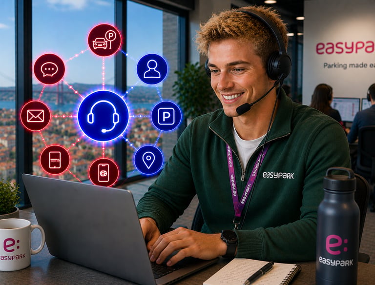 Smiling EasyPark customer support agent with headset using a laptop with digital service icons.