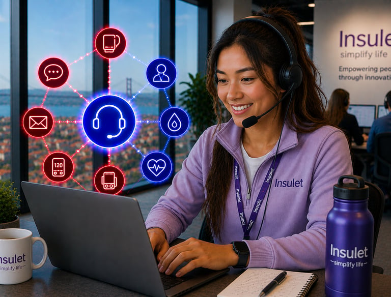 A smiling customer support representative at Insulet wearing a headset and using a laptop with health service icons.