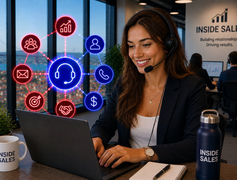 A smiling woman in a headset works on a laptop in an office, with sales-related icons connecting to her headset and a