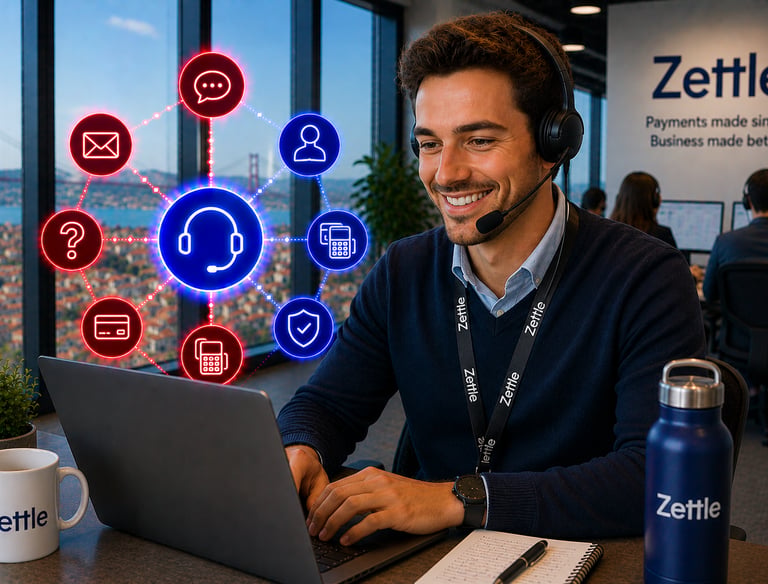 A smiling Zettle customer support agent with a headset using a laptop with digital payment icons.