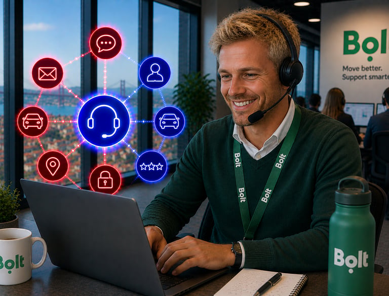 A smiling customer support representative wearing a headset at Bolt office with digital service icons.