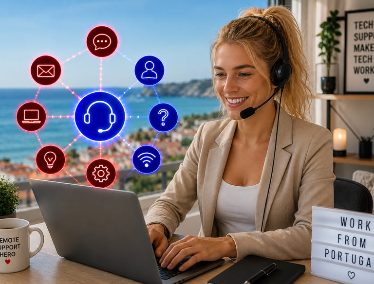 Woman wearing a headset and smiling, providing remote tech support from Portugal with digital support icons overlaid.