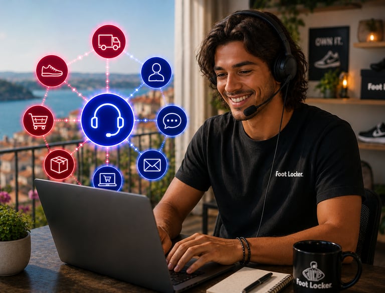 Smiling Foot Locker customer service representative with headset using a laptop and digital icons.