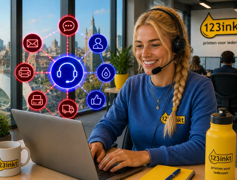 A smiling customer service representative with a headset at a 123inkt desk with digital support icons.
