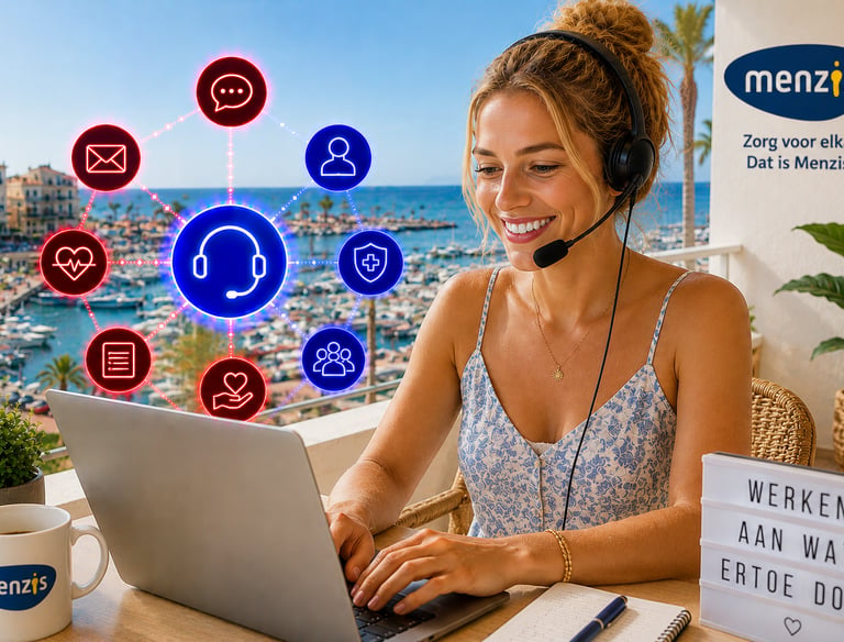 A smiling remote customer service agent for Menzis health insurance works from a sunny balcony.