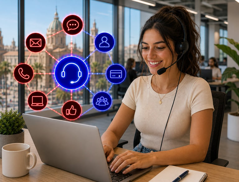 A smiling customer service agent with a headset uses a laptop with omnichannel support icons.