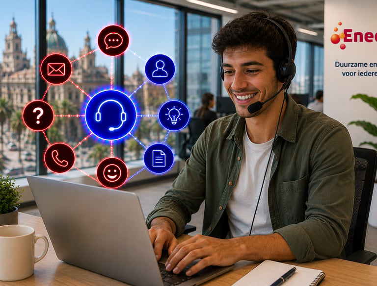 Smiling Eneco customer service representative using a laptop and headset with digital support icons.