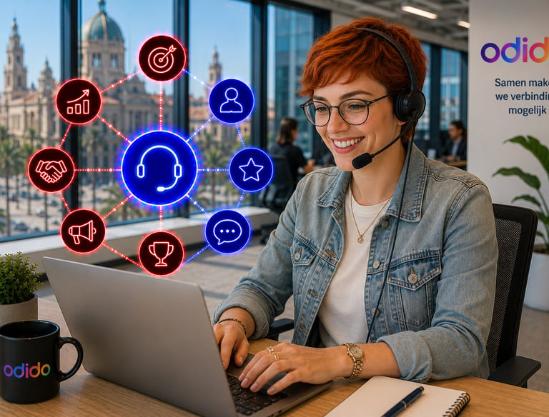A smiling customer service representative using a laptop and headset with neon digital icons for Odido support.