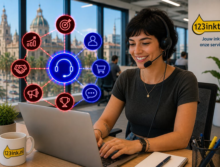 Customer service representative using a headset and laptop with 123inkt.nl branding and digital icons.