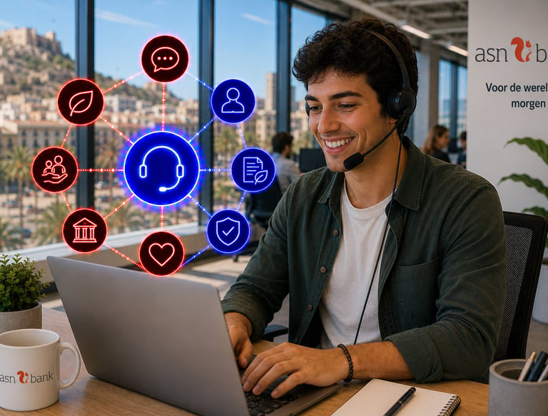 Smiling ASN Bank customer service representative using a headset and laptop with sustainable banking icons.