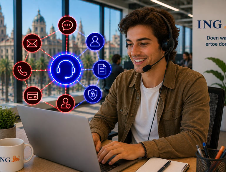 Smiling ING customer support representative with headset working on laptop with digital communication icons.