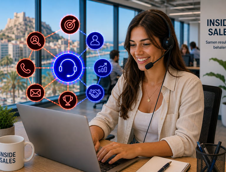 Smiling inside sales representative using a headset and laptop in a modern office with digital icons.