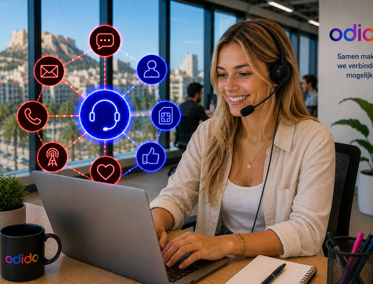 A smiling Odido customer service agent with a headset working on a laptop in a modern office.