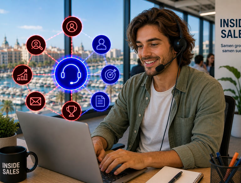 Smiling inside sales representative with headset working on a laptop with digital CRM icons.