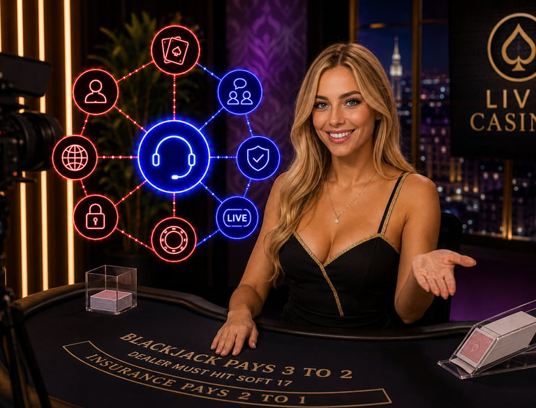 A smiling live casino dealer at a blackjack table with glowing neon gambling and support icons.