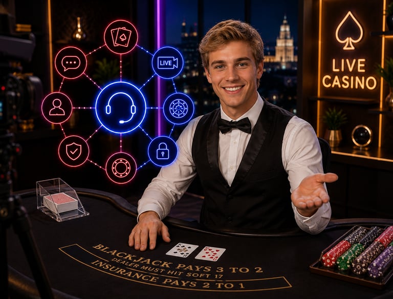 A friendly live casino dealer at a blackjack table with neon game icons and city skyline view.