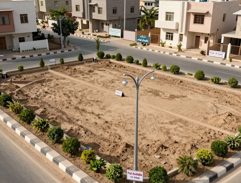 Expansive plot of land with clear boundaries and green grass under a bright sky.