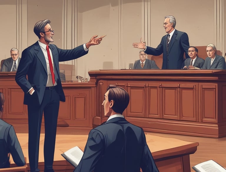 A courtroom scene showing a lawyer presenting a criminal defense case.