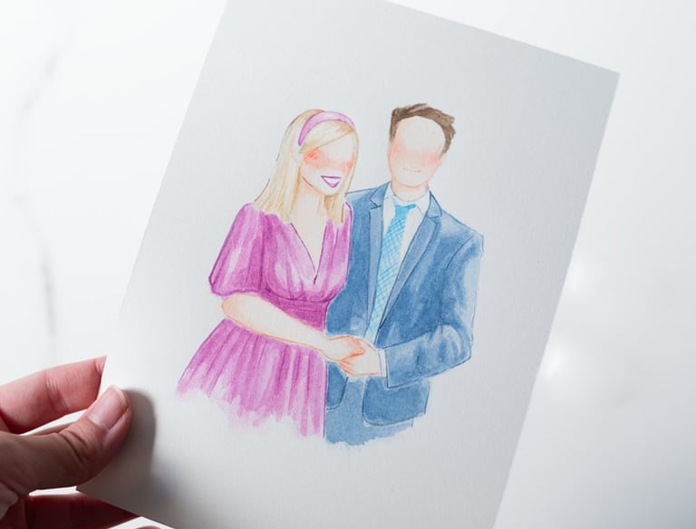 ilustración simplificada de una pareja sonriente en acuarela