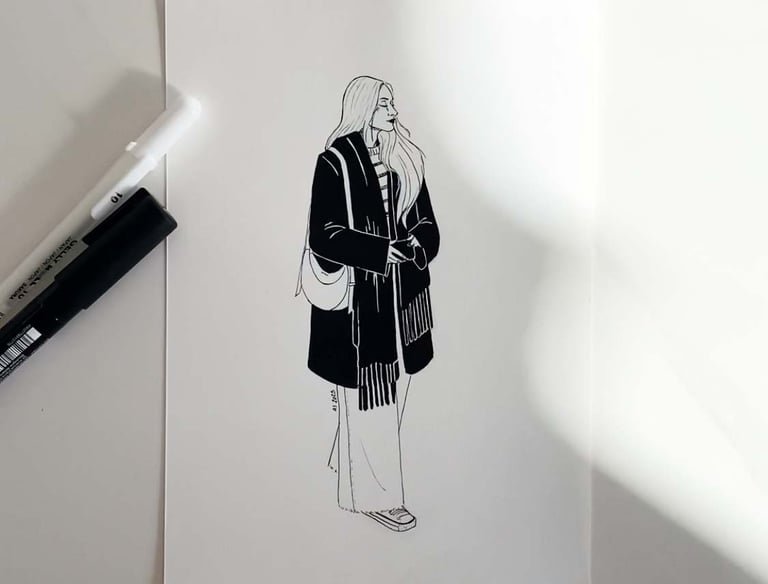 Imagen de una chica con ropa de invierno hecha en tinta y con estilo monocromo