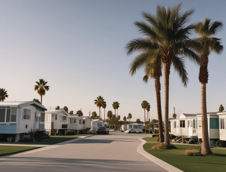 A mobile home with a 'Sold' sign in front, surrounded by happy new owners.