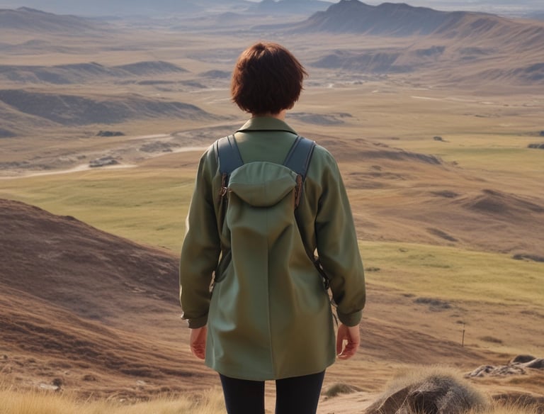 a symbol of wholeness and peace - a person from behind looking out onto a vast landscape