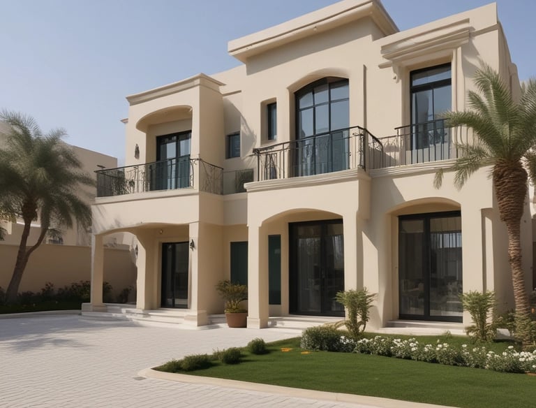 Modern two-story house with a spacious front yard and large windows under a clear sky.