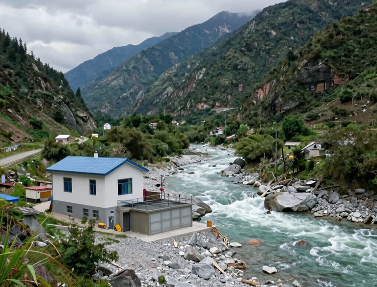 Hydroelectric turbine generating clean energy surrounded by lush greenery.