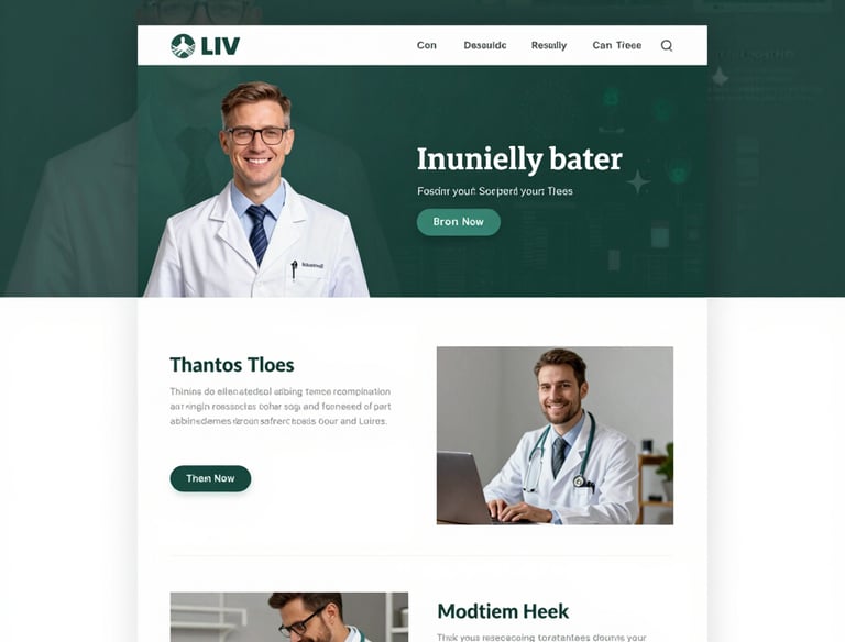 A professional doctor reviewing a website design on a laptop in a bright office.