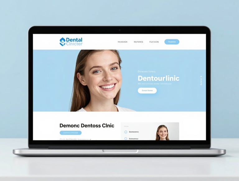 A dentist smiling while showing a clean, modern dental clinic website on a tablet.