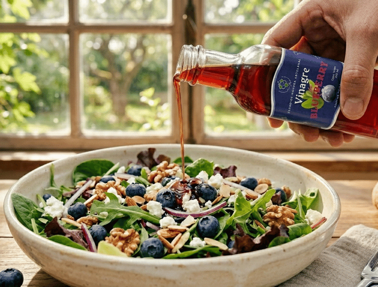 Vertiendo vinagre balsámico de arándanos gourmet sobre una ensalada fresca con nueces y queso feta.