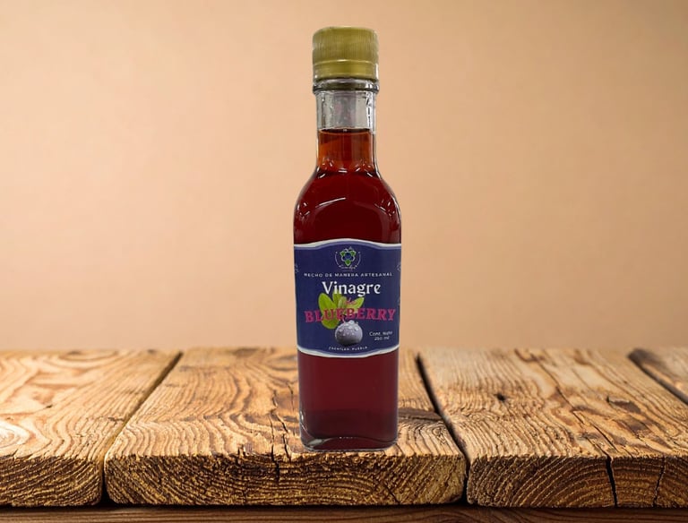 Una botella de 250 ml de vinagre de arándanos artesanal sobre una mesa de madera rústica.