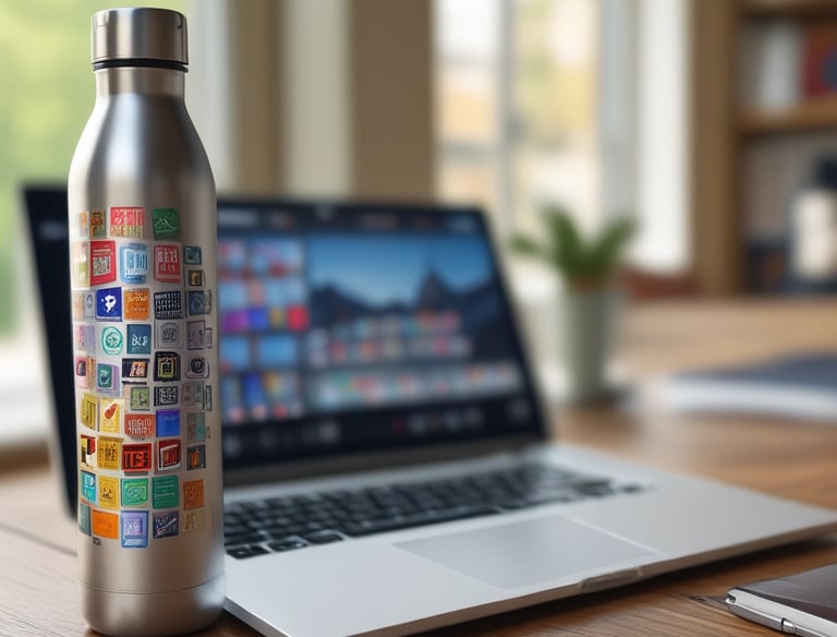 A cheerful desk setup with a glowing notification on a laptop screen reminding to drink water.