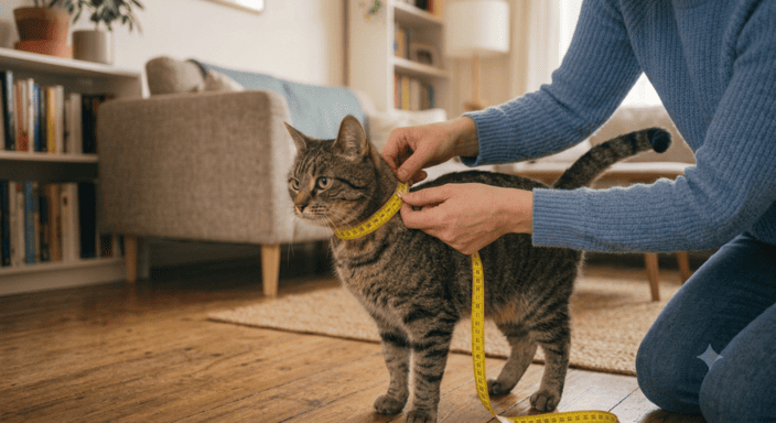 Una persona usa una cinta métrica para medir el tamaño del cuello de un gato atigrado