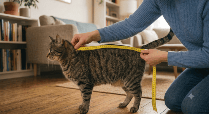 Una persona usa una cinta métrica amarilla para medir la longitud de un gato atigrado en una sala