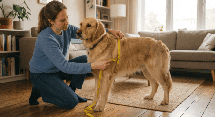 Una mujer usa una cinta métrica amarilla para medir el pecho de un perro Golden Retriever 