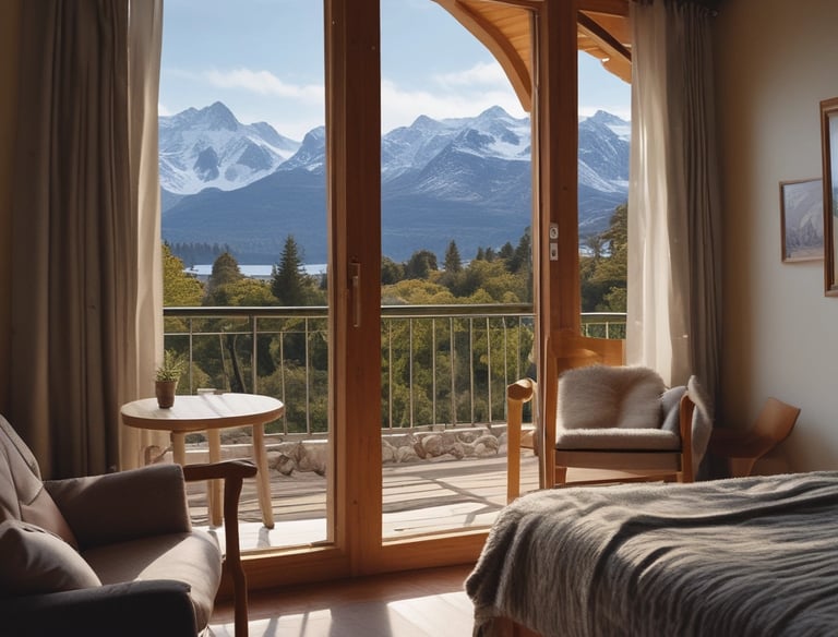 Cozy mountain cabin with warm lights glowing at dusk in Bariloche.