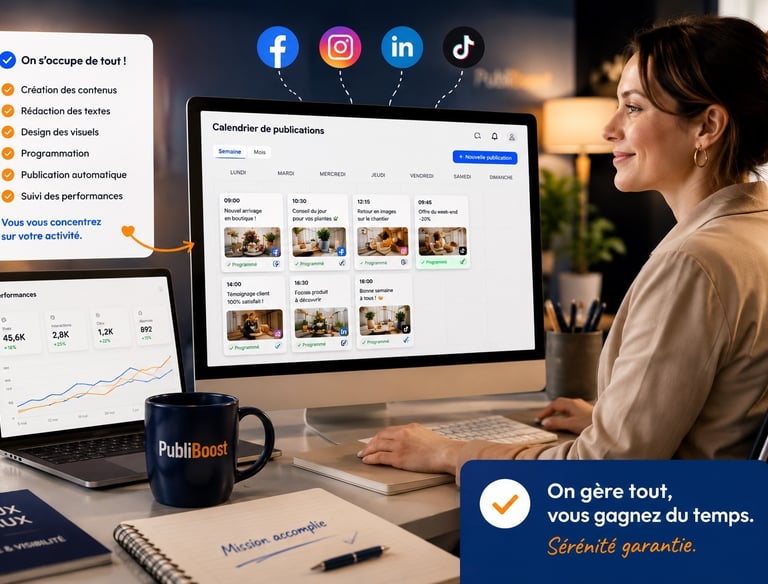 femme regarde ses reseaux publiboost process de livraison des publications clés en mains