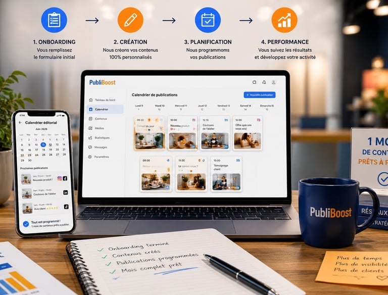 femme regarde ses reseaux publiboost 1 mois contenu prêt planification planning