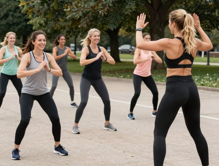 A diverse group of people participating in an outdoor fitness class led by a male personal trainer in a park.