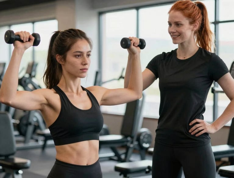 A personal trainer guiding a client through a workout in a cozy home gym.