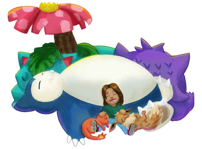 Digital art of a boy sleeping peacefully with Snorlax, Gengar, Bulbasaur, Charmander, and Eevee.