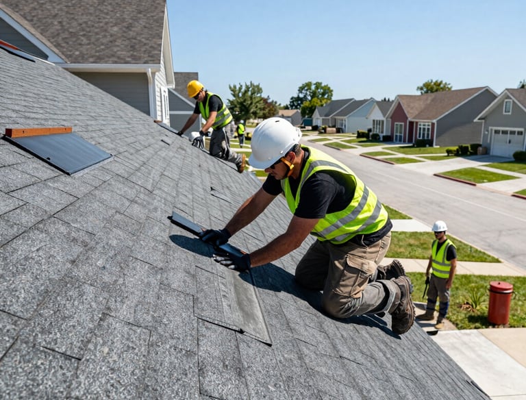 A professional roofer inspecting a commercial roof under a clear sky.