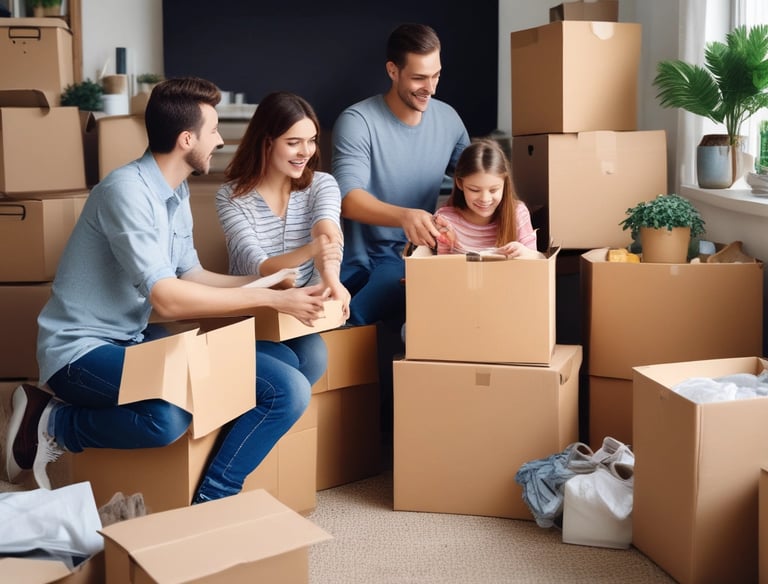 Happy family carrying boxes together in a bright living room of a residential apartment.
