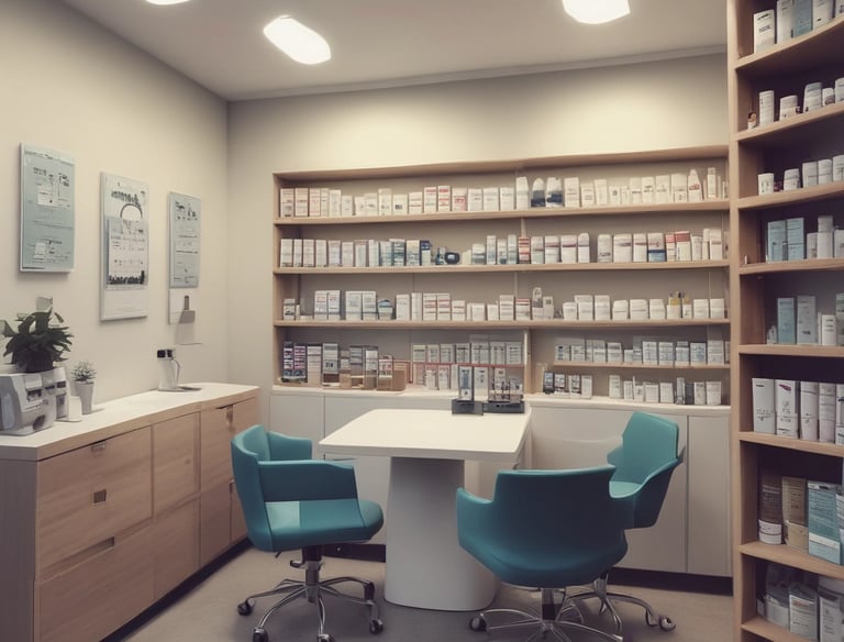 A cozy consultation room with a pharmacist discussing health advice with a patient.