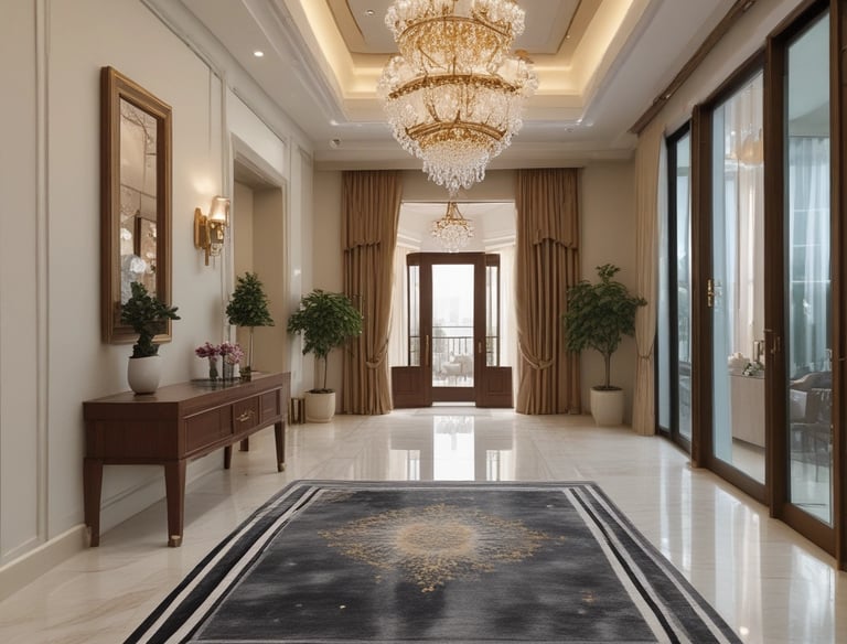 A bright living area in a luxurious Yas Island holiday home featuring modern furniture and large windows.