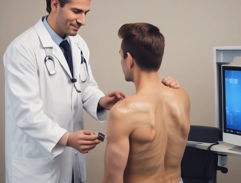 Doctor discussing shoulder treatment options with a patient in a bright medical office.