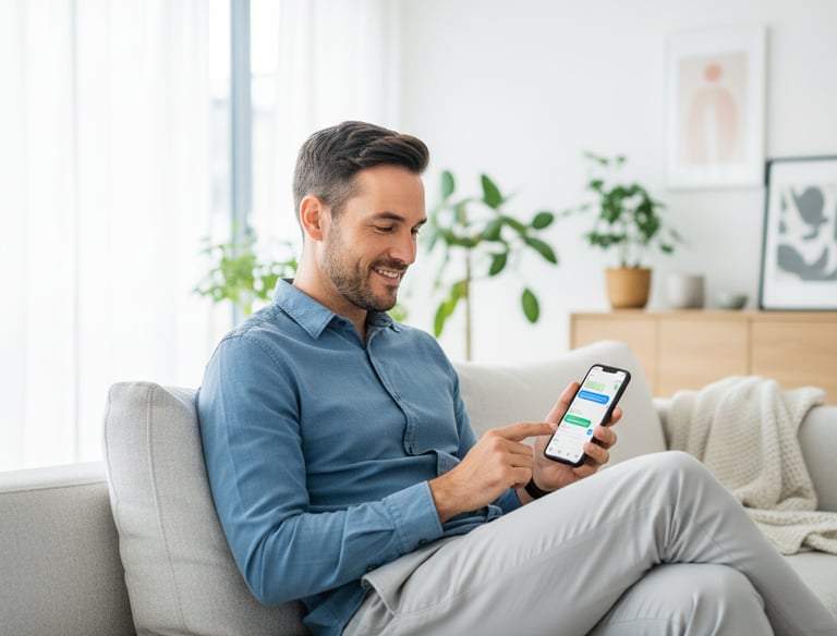 Un agente amable ayudando a un cliente a través de WhatsApp en un teléfono inteligente