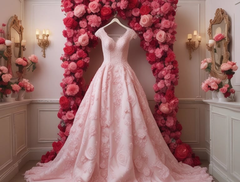 Elegant bridal gown with delicate lace details in a softly lit boutique.